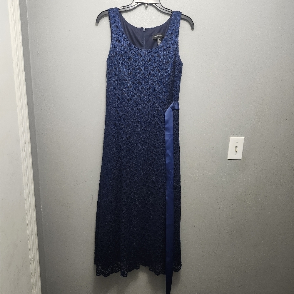 R&M Richard Women's Formal Midi Dress Size 10 Tall Lace Overlay Blue Fully Lined